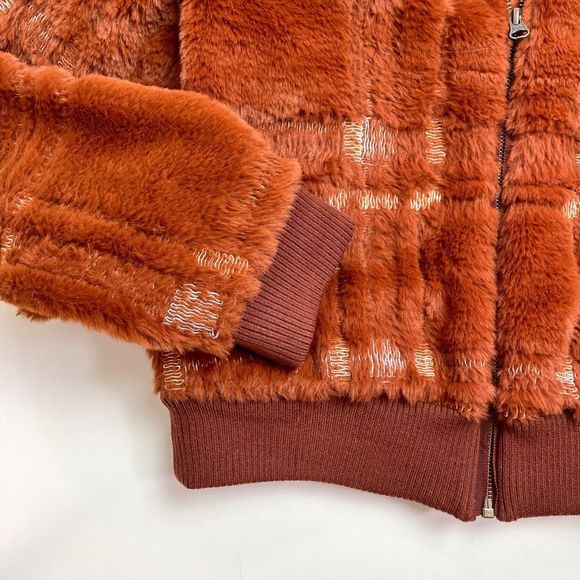 Anthropologie Teddy Bomber Jacket Pockets Lined Plaid Orange Red XS - Picture 3 of 8